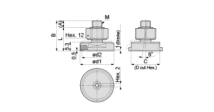 Vacuum pad, adsorption prevention type, dimensional drawings of pads attached to flexible holders