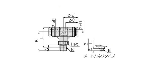 Tee: Millimeter size dimensional drawing (current product) metric thread type