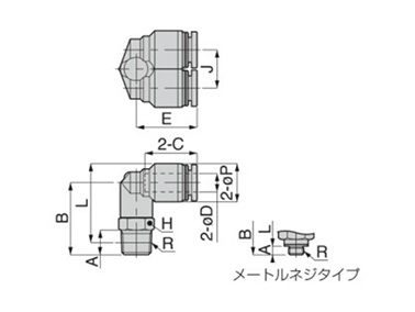 Branch Elbow dimensional drawing (metric thread type)