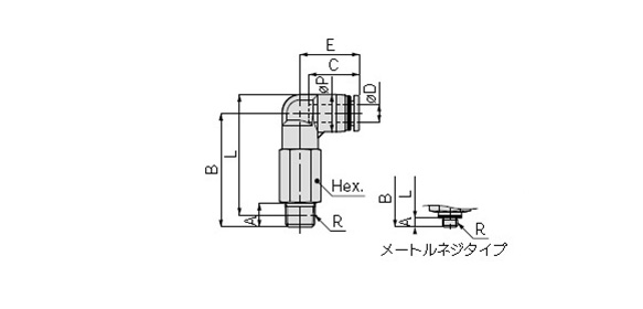 Long Elbow: Millimeter size dimensional drawing (current product) metric thread type