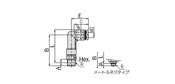 Long Elbow: Millimeter size dimensional drawing (new design) metric thread type