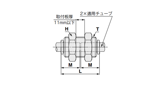 Bulkhead Union: 10-KQ2E (Interchangeable With KQ) Dimensional Drawing 