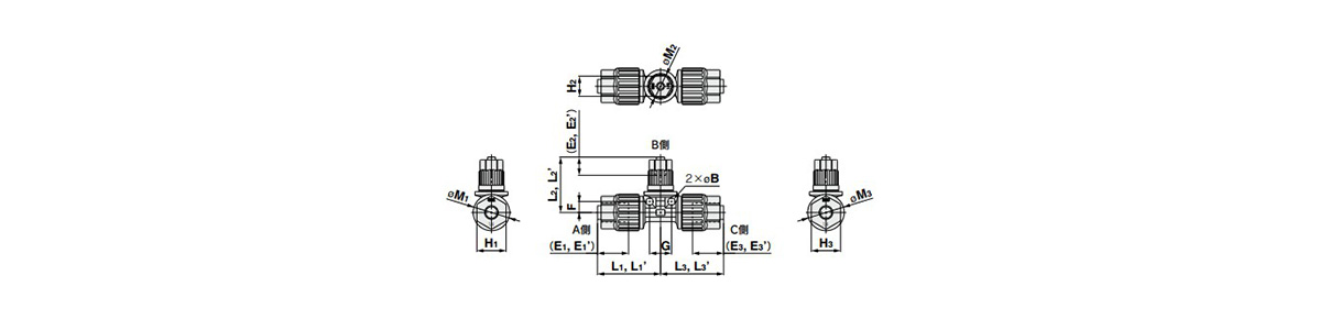 Union Tee reducing: LQ3T-R Outline Drawing 