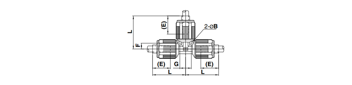 Space-Saving Fitting Union Tee: LQ2T Dimensional Drawing 