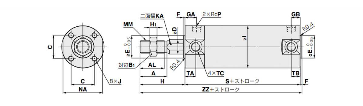 With Rubber Bumper ø20 to ø63 (20‑ to 63‑mm diameter), dimensional outline drawing