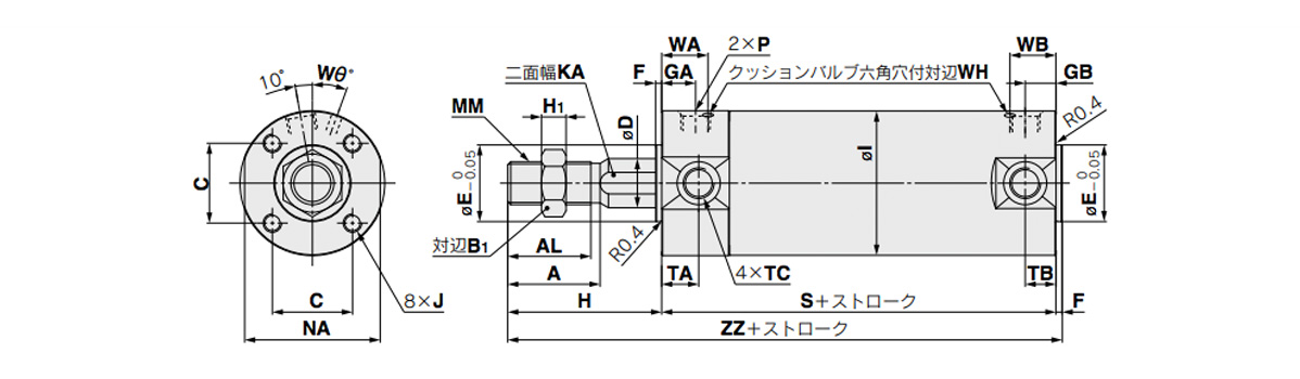 With Air Cushion ø40 to ø63 (40‑ to 63‑mm diameter), dimensional outline drawing