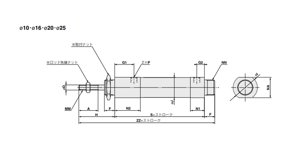 Bore size 10 mm, 16 mm, 20 mm, 25 mm dimensional drawing