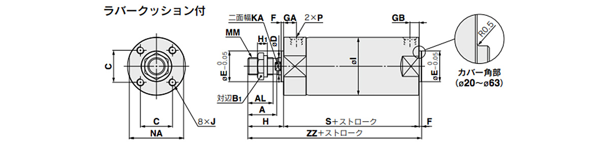 Basic type / CG3BN tube inner diameter, stroke, with rubber bumper dimensional drawing