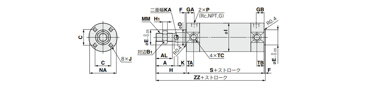 CG1YB dimensional drawing ø20 to ø100 (20‑ to 100‑mm diameter)