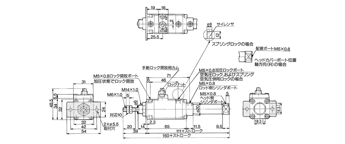 Rod-end flange type (F) CLJ2F16-□□- E/D/P dimensional drawing