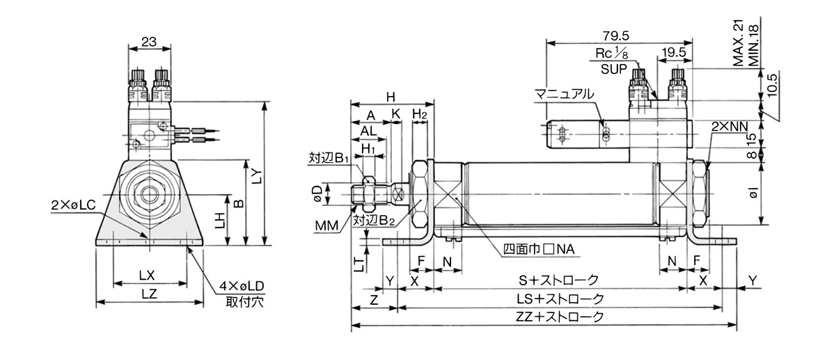 CVM5L bore size and stroke dimensional drawing