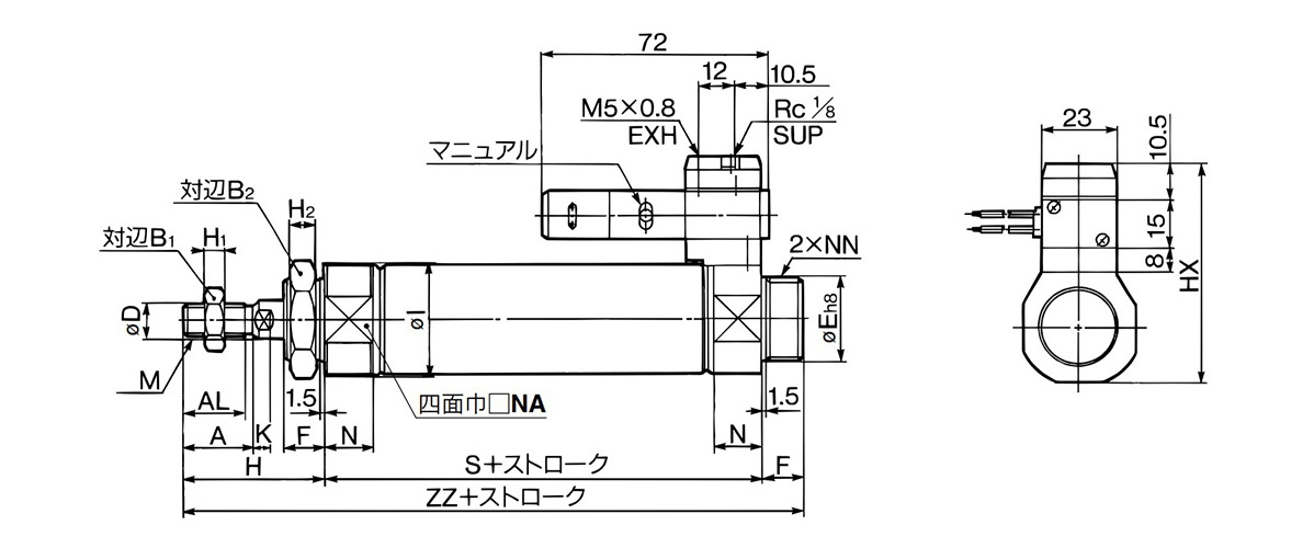 Dimensional drawings: basic type (B) single acting, spring return / CVM3B bore size - stroke S