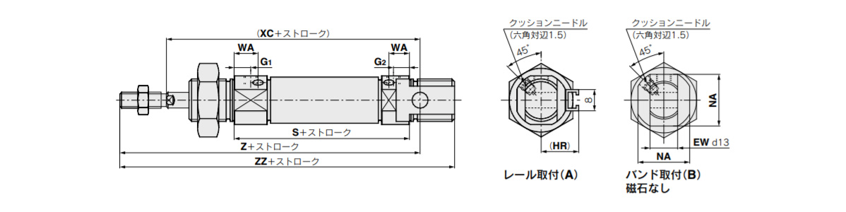 Air cushion: C□85N [Bore size]-[Stroke C]-□ dimensional drawing