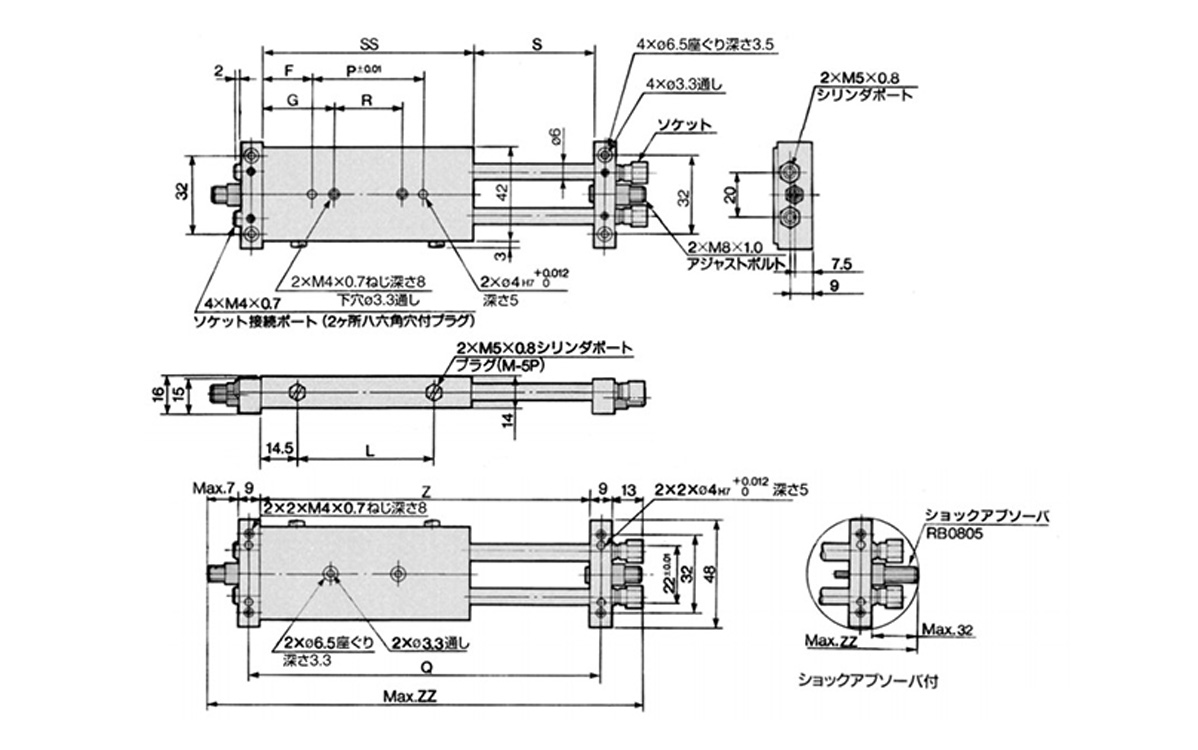 ø10 (10‑mm diameter) Basic Type: CX2N10-[Strokes: 25 to 100]□ dimensional drawing