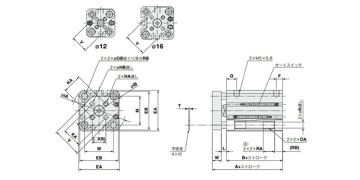 ø12 to ø25 (12‑ to 25‑mm bore size) dimensional drawing