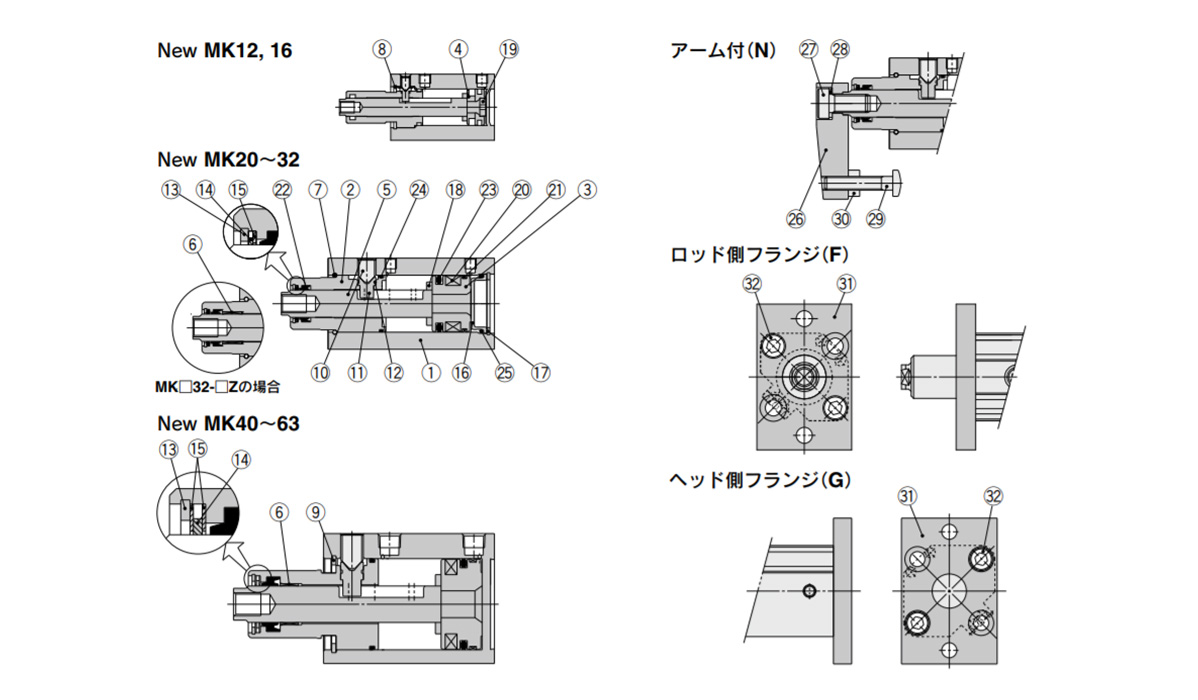 Rotary Clamp Cylinder, Standard Type, MK Series: structural drawings