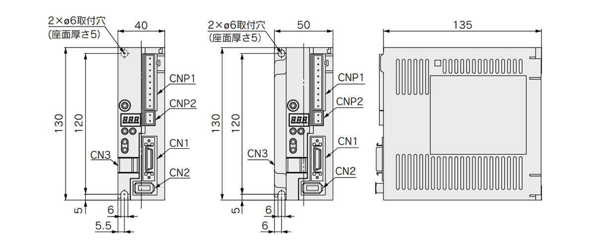 LECSA□ dimensional drawing (Left image: for LECSA□-S1, S3 / Center image: for LECSA□-S4)