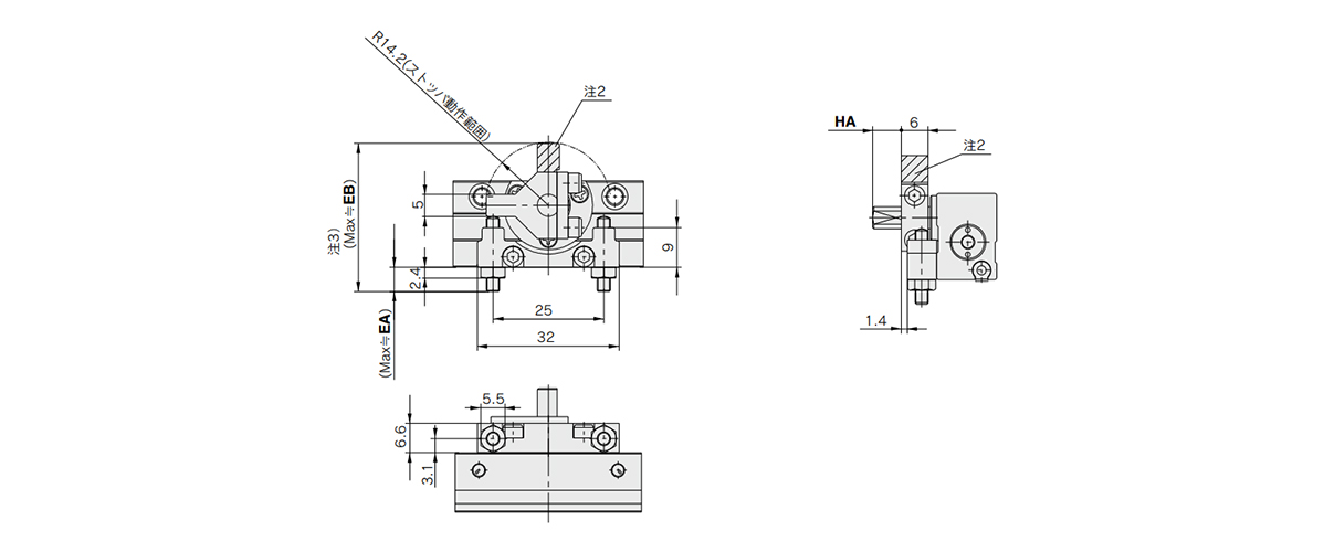 Dimensional drawing of CRJU / with external stopper