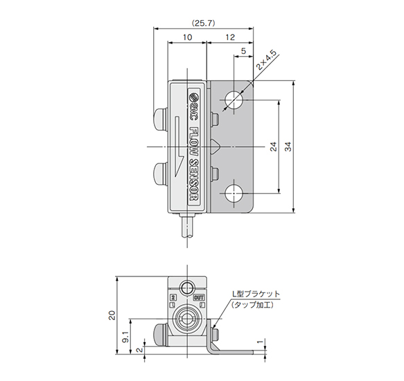 Dimensional drawing of one side bracket attached