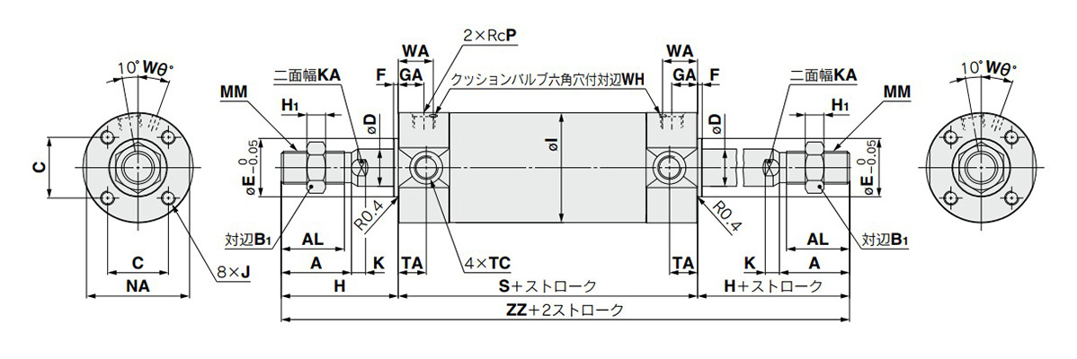 Dimensional drawings: basic style with air cushion, CG1WBA