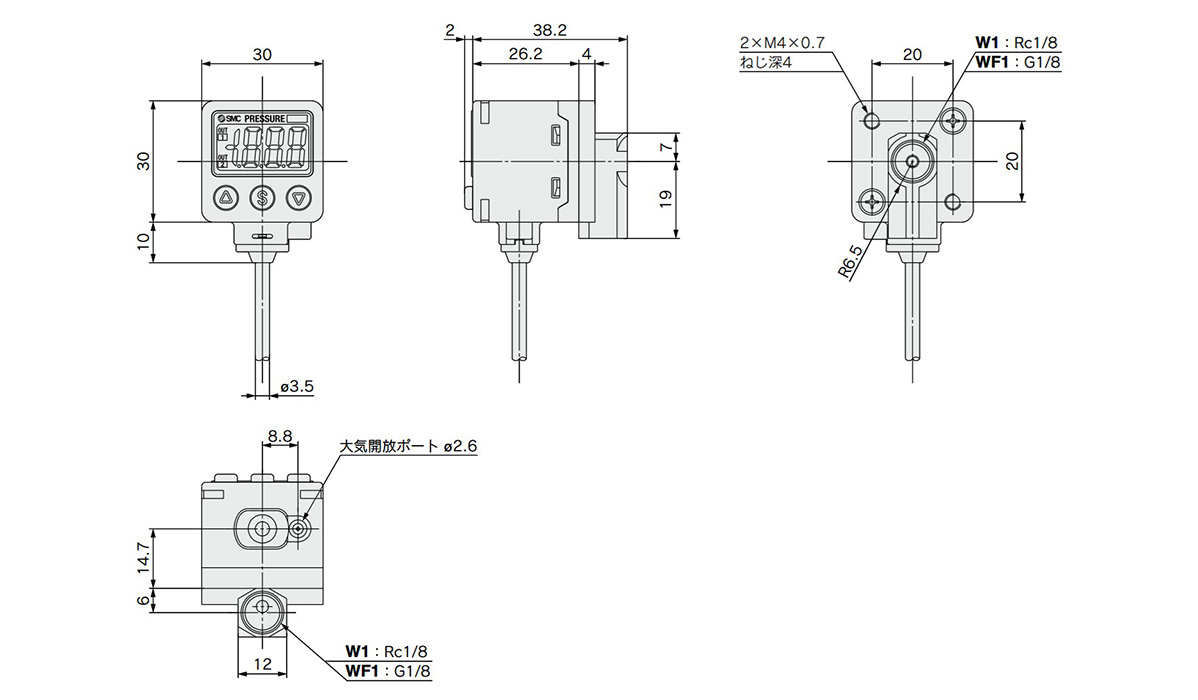 Dimensional drawing of ZSE40A (F) / ISE40A-W1/-WF1