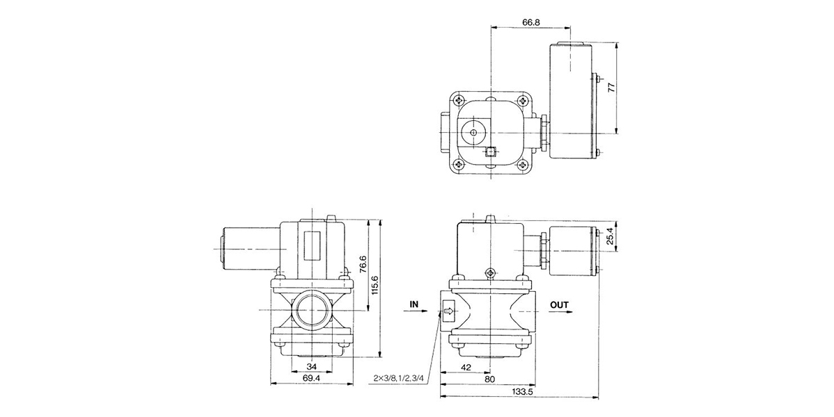 Dimensional drawing of IFW5□0-□□-55 to 86 (with 24 V DC lamp and terminal box)