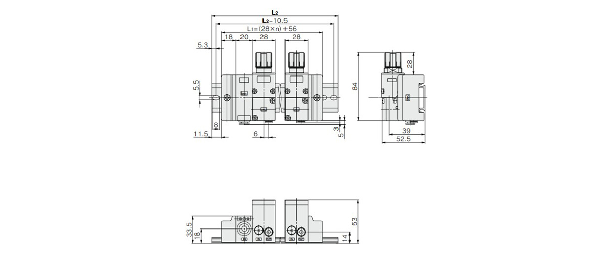 ARM11AA1-□12 Handle position: Top / Common supply block; dimensional drawings