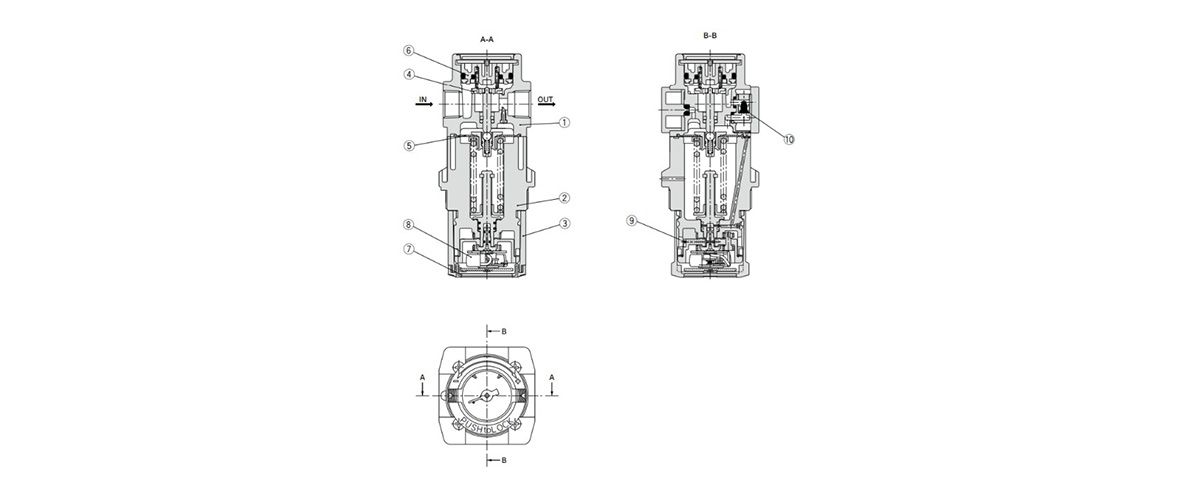 Regulator With Built-In Pressure Gauge With Backflow Function ARG20K, 30K, 40K diagram