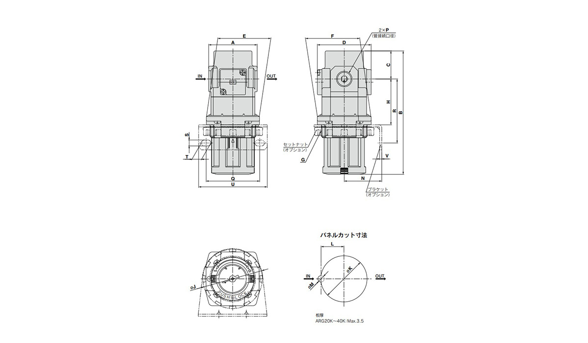 Regulator With Built-In Pressure Gauge With Backflow Function ARG20K, 30K, 40K dimensional drawing