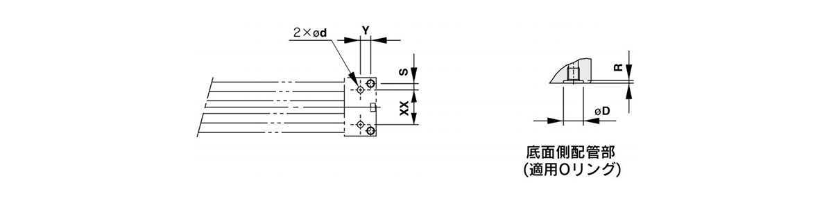 Dimensional drawing of MY1B16□/MY1B20 piping hole for centralized bottom piping (right: Bottom side piping (Applicable O-ring)