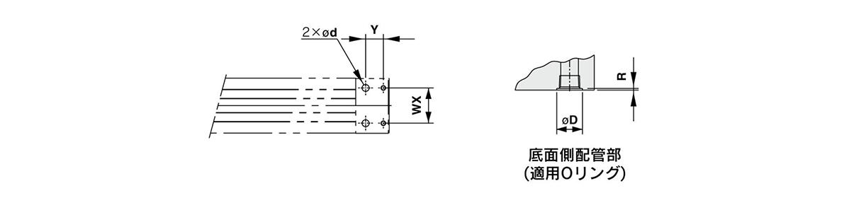 Dimensional drawing of MY1B80□/MY1B100□piping hole for centralized bottom piping (right: Bottom side piping (Applicable O-ring)