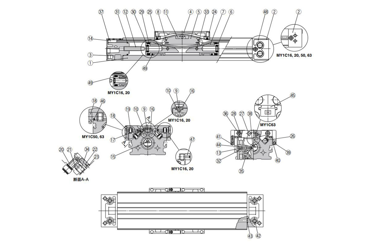 Structural drawing of Mechanical Joint Type Rodless Cylinder, Cam Follower Guide Type MY1C Series