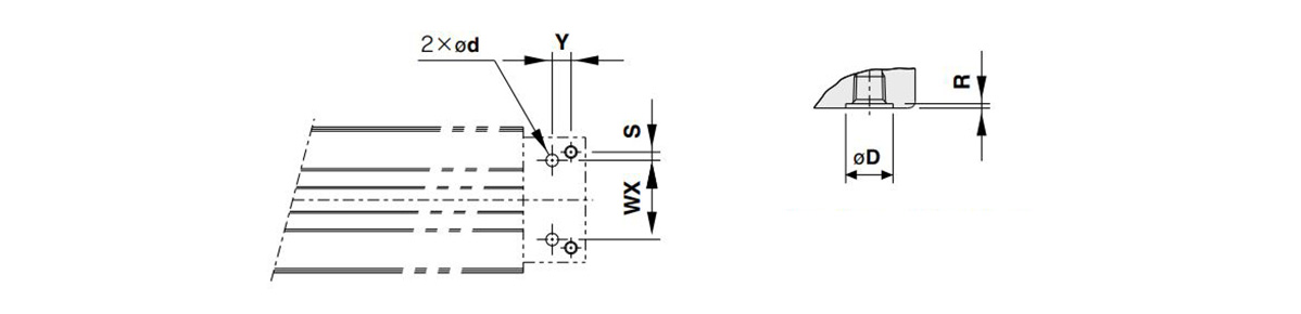 Piping hole dimensional drawing for centralized bottom piping of MY1C25□/MY1C2532□/MY1C2540 (right: Bottom side (ZZ section) piping section (applicable O-ring)