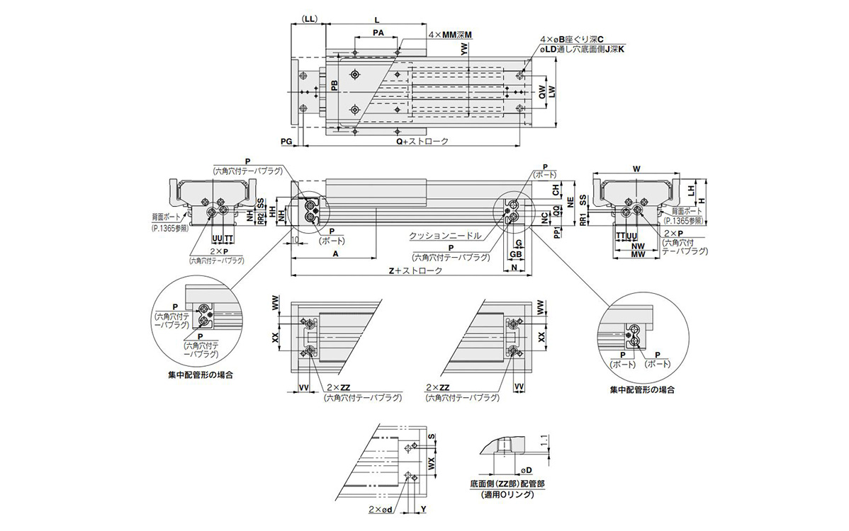 Dimensional drawing of ø25 (tube inner diameter: 25 mm), ø32 (tube inner diameter: 32 mm), ø40 (tube inner diameter: 40 mm)