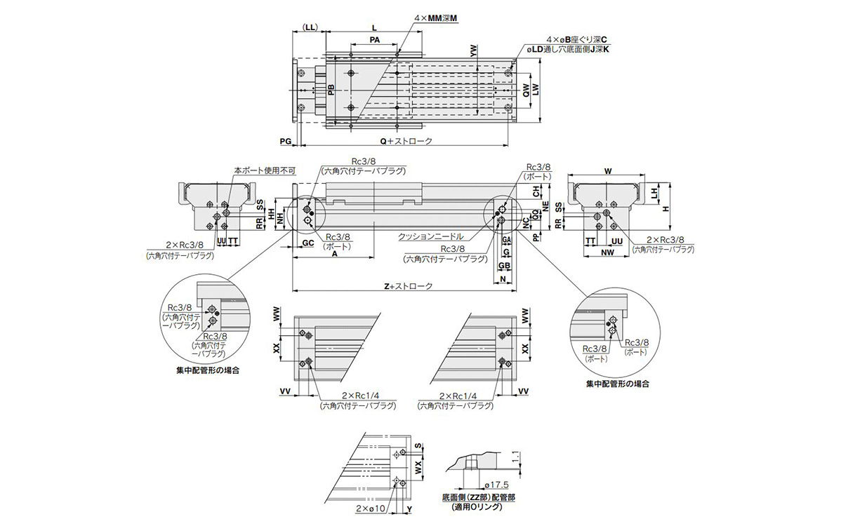 Dimensional drawing of ø50 (tube inner diameter: 50 mm) and ø63 (tube inner diameter: 63 mm)