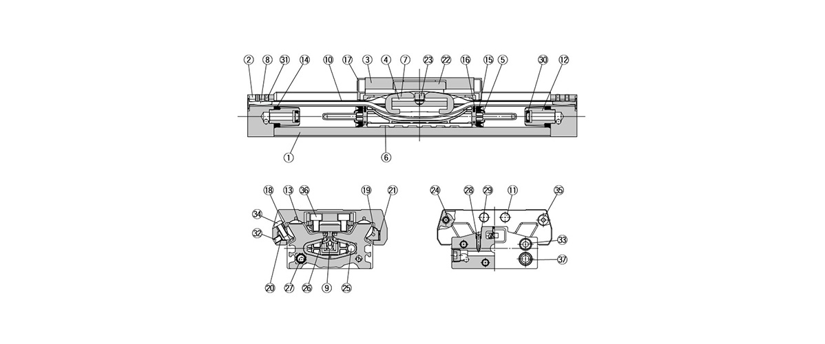 Mechanically Jointed Rodless Cylinder, Slide Bearing Guide Type, MY3M Series, structural drawing