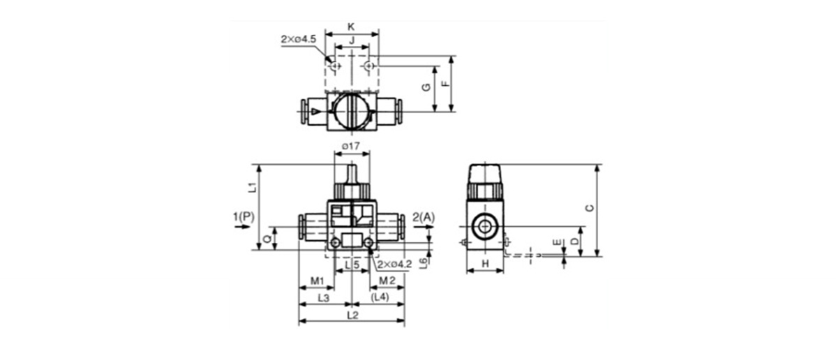 1 (P) / 2 (A): One-Touch Fitting dimensional drawing