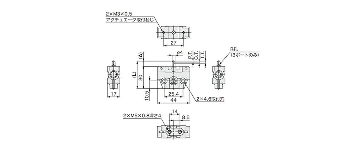 Bottom Ported (VM122-M5-00A/VM132-M5-00A/VM123-M5-00A/VM133-M5-00A) dimensional drawing