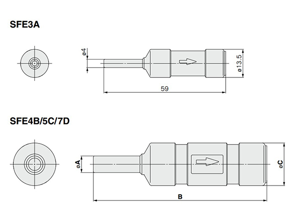 SFE3A (top), SFE4B/5C/7D (bottom) dimensional drawings