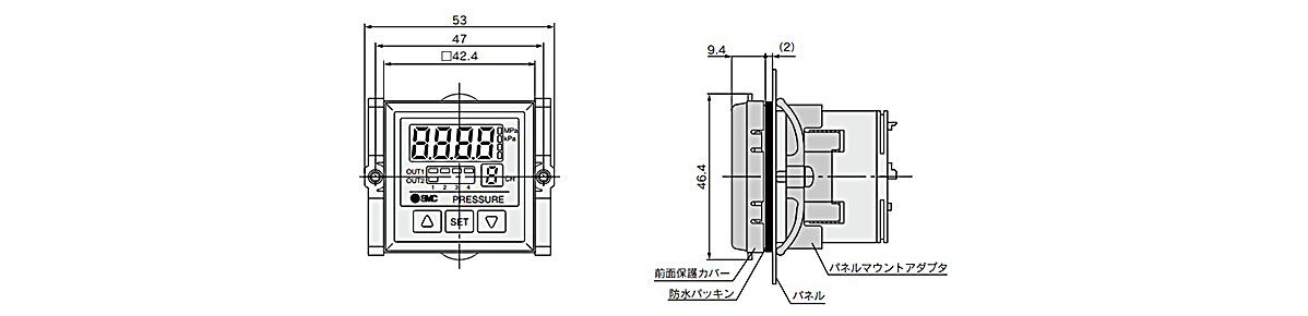 Multi-Channel Digital Pressure Sensor Controller PSE200 Series (Front Protective Cover + Panel-Mount Adapter) dimensional drawing