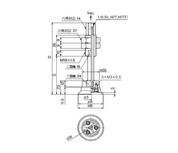 ZPT40/50H□J□-□01-A18 (with buffer) dimensions / structural drawing