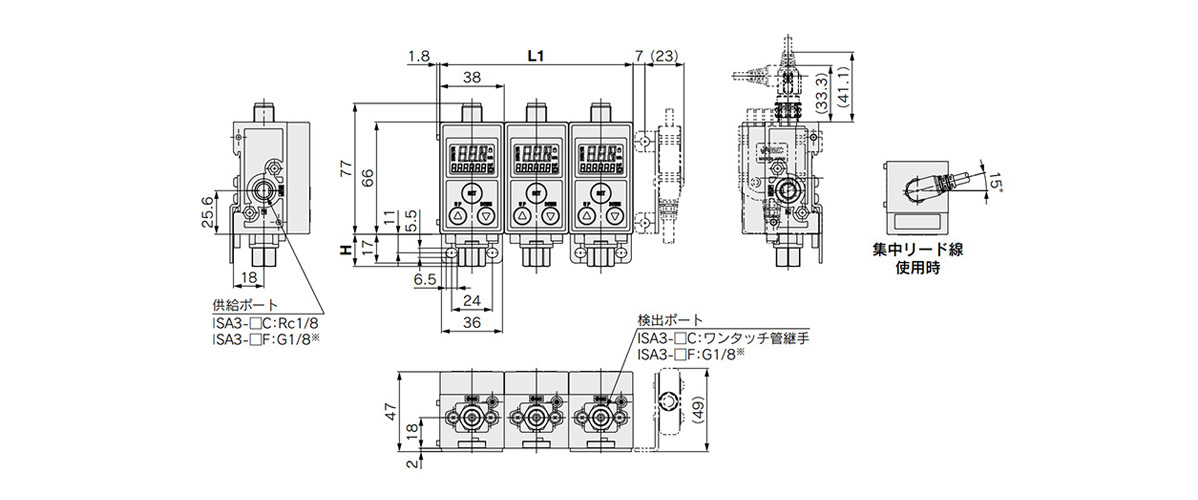 Dimensions: ISA3-□□ (bracket mounted)