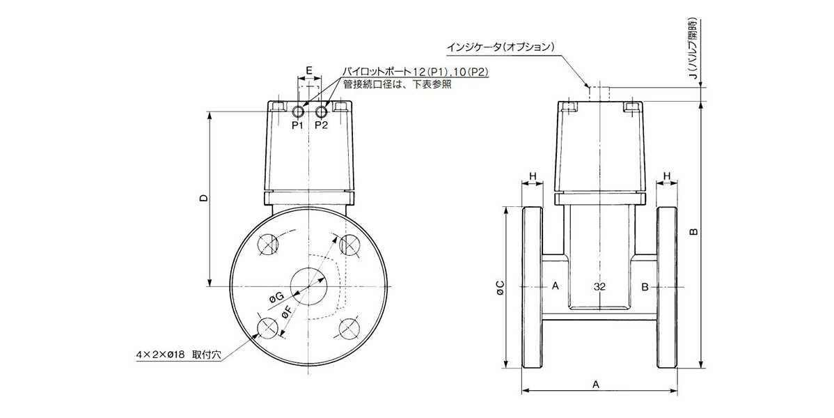 Piping connection port diameter / Flange type: 32F, 40F, 50F dimensions and diagram