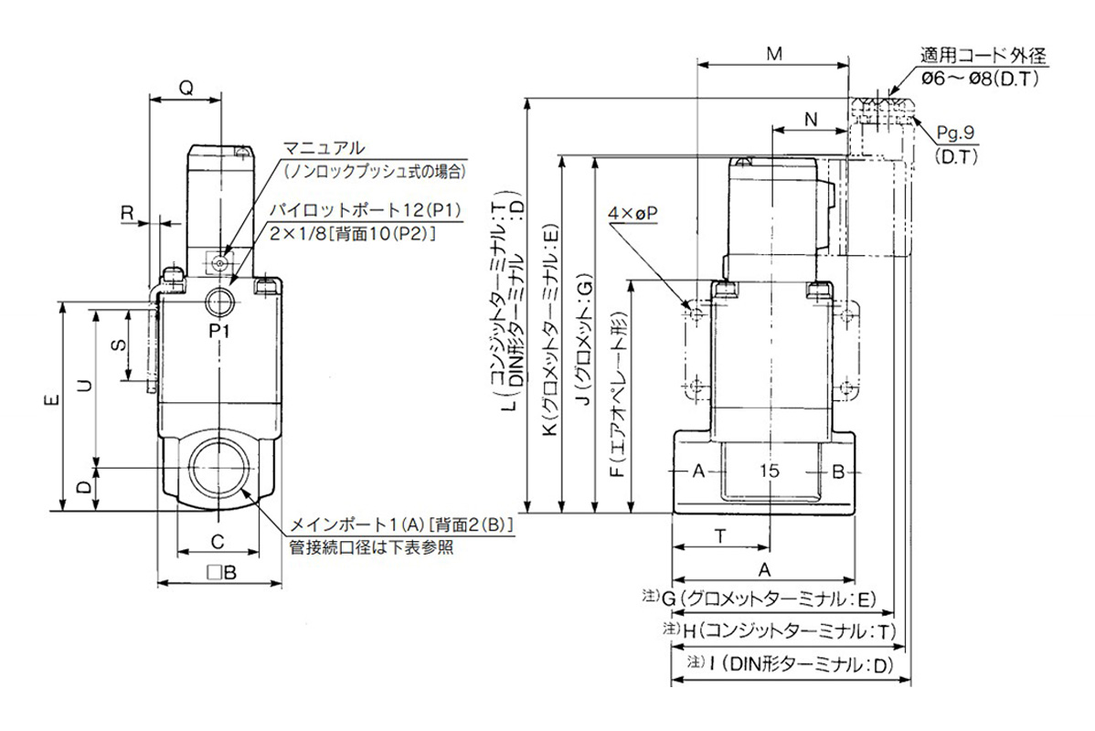 Piping connection port diameter: 10A, 15A, 20A, 25A dimensional drawing