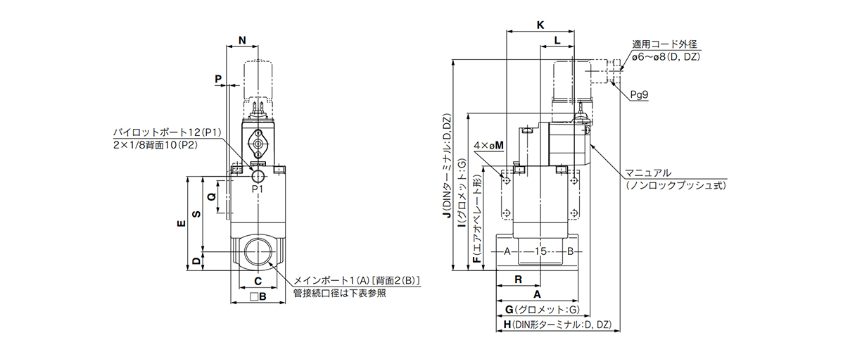 Vacuum pilot type (piping connection port diameter: 10A, 15A, 20A, 25A) dimensional drawing