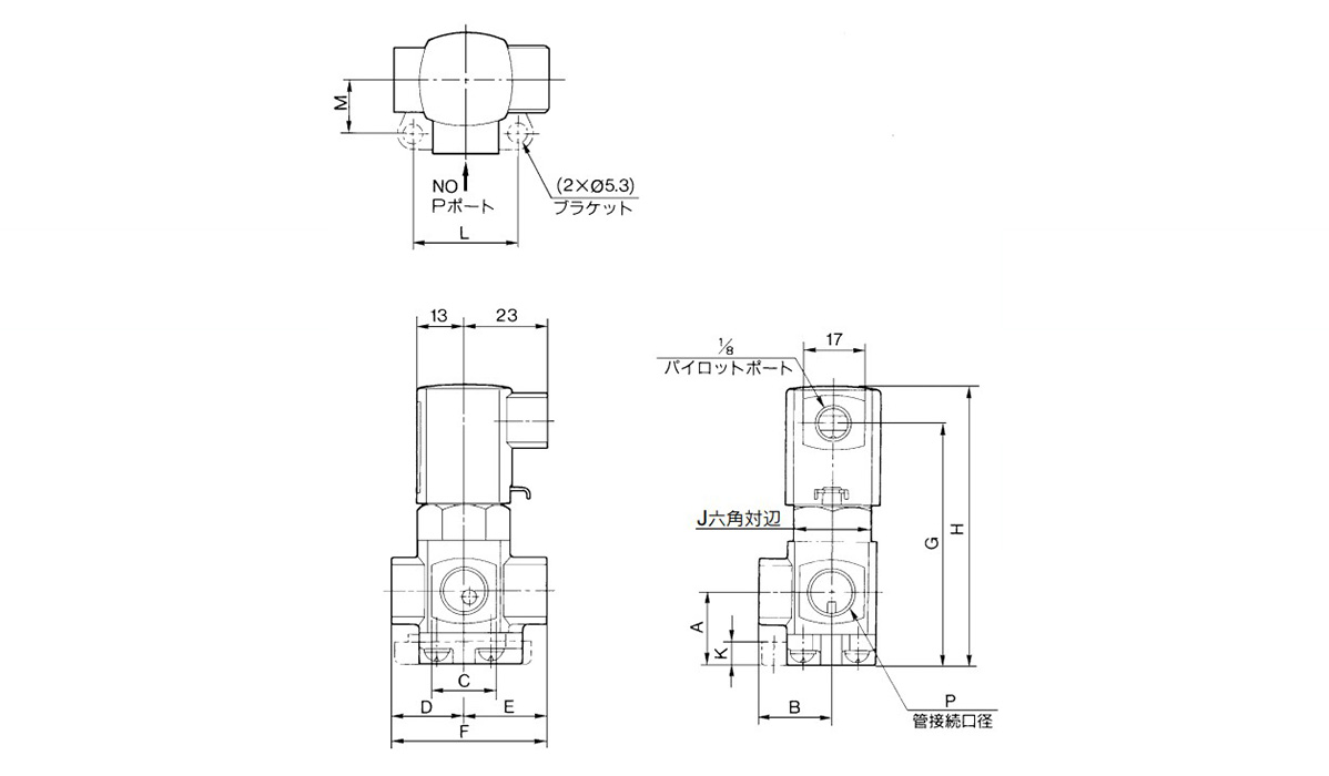 Direct Air Operated 3 Port Valve VXA31/VXA32 Series dimensional drawing