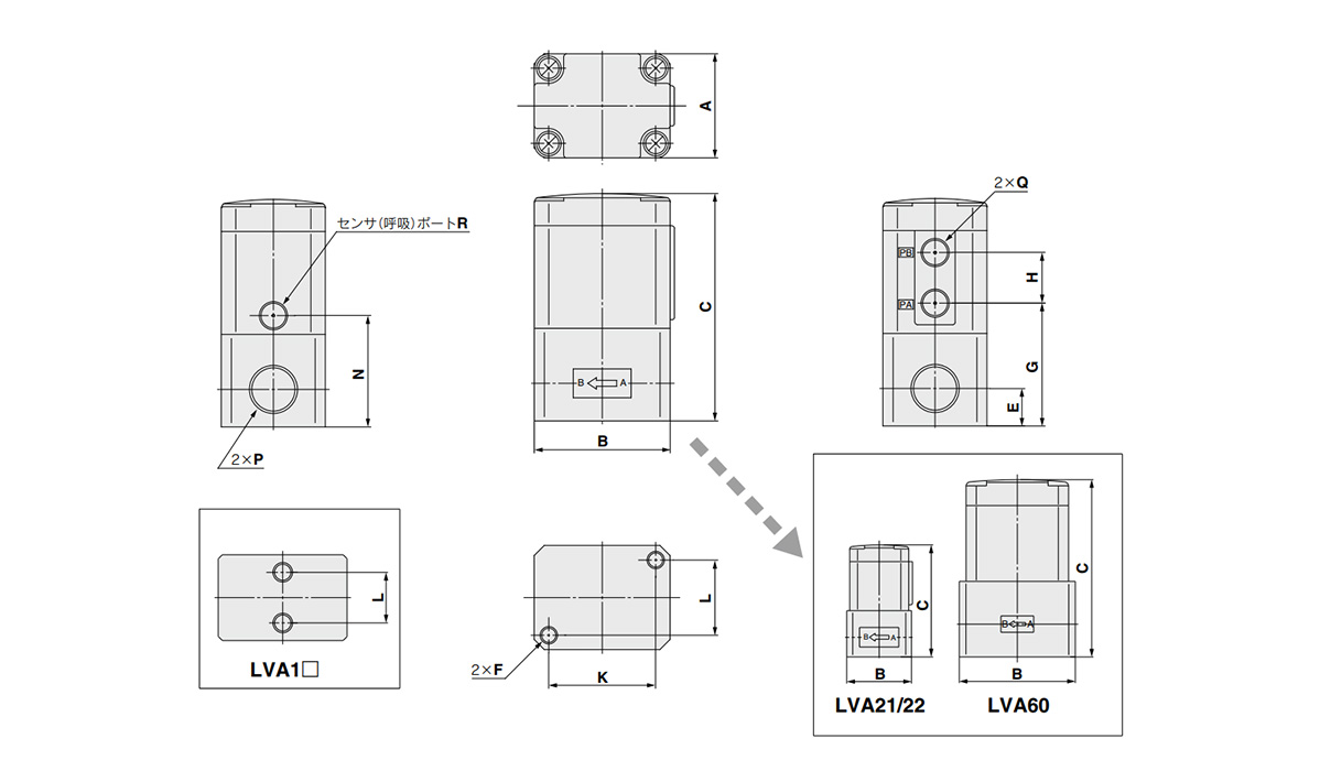 LVA1□/LVA21/LVA22/LVA3□ to 6□ dimensional drawing