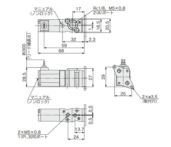 Body ported type / grommet: VKF332□-□G-M5 / 01 dimensional drawing