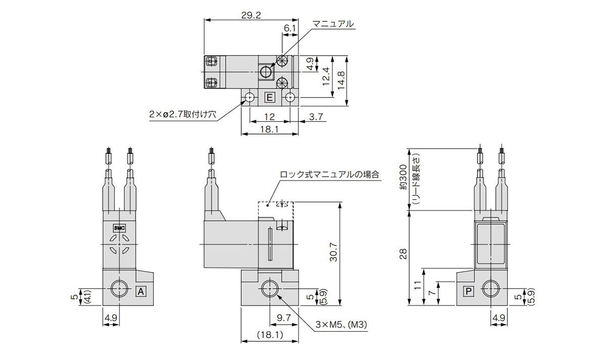 Grommet: VQ1□0□-□G□-M5 (M3) dimensional drawings