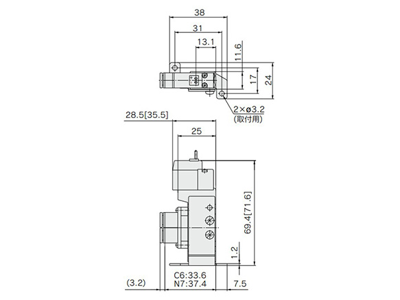 With foot bracket, SY3120-□G/H□□-C4/N3/C6/N7-F1 dimensional drawings 